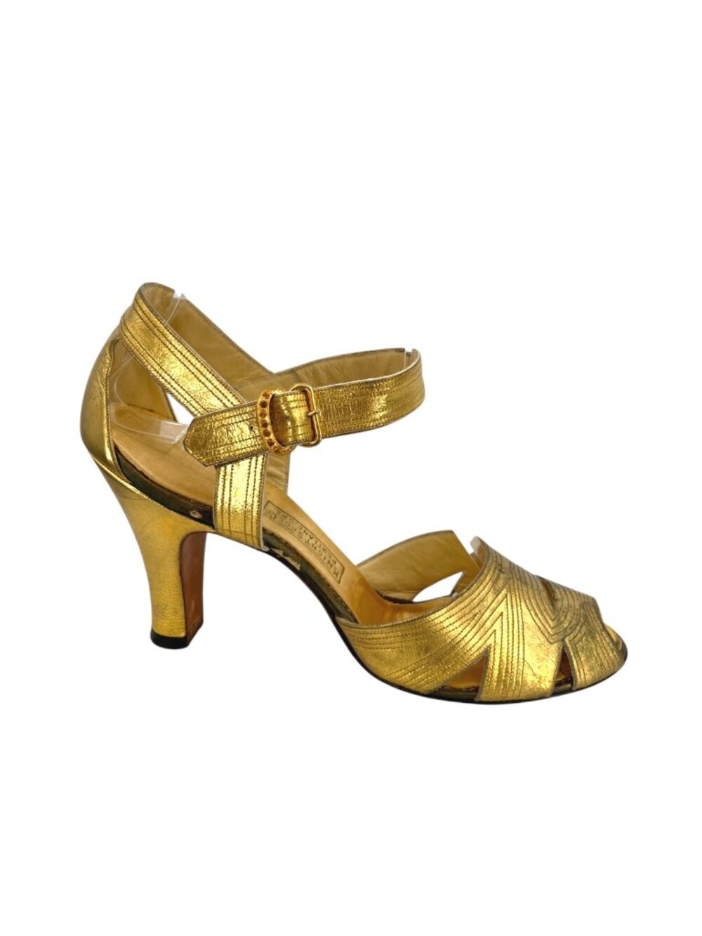 Knight Shoe Co Portland Vintage 1953 Gold Leather Heels Rhinestone Buckle Size 5